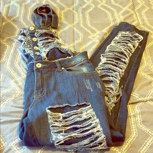 Blue jeans overall jumpsuit